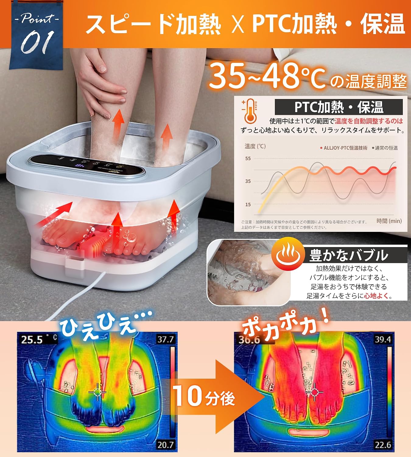 ALLJOY フットバス 10L大容量 折りたたみ 保温機能付き 足湯器 バブル機能 35℃～48℃の温度調節 6段階タイマー デジタルパネル 過熱防止 電動足湯器 コンパクト収納 ローラー 軽石付き 角質除去 足の冷え対策 リラックスグッズ 父の日ギフト 敬老の日 プレゼント